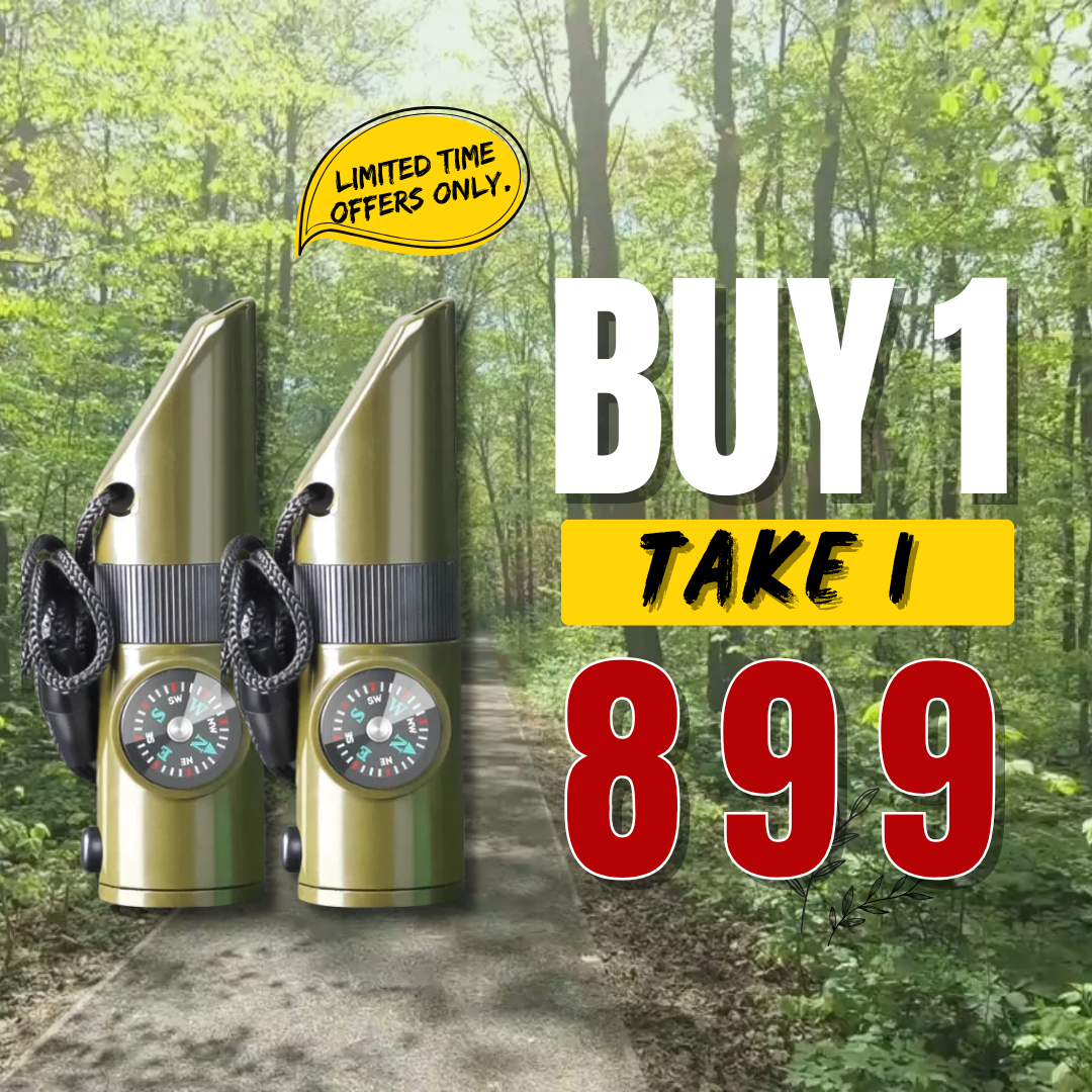 【7-in-1】Outdoor Multifunctional Whistle Kit Compass Mirror Torch Magnifier LED Light Emergency Kit for Camping Hiking